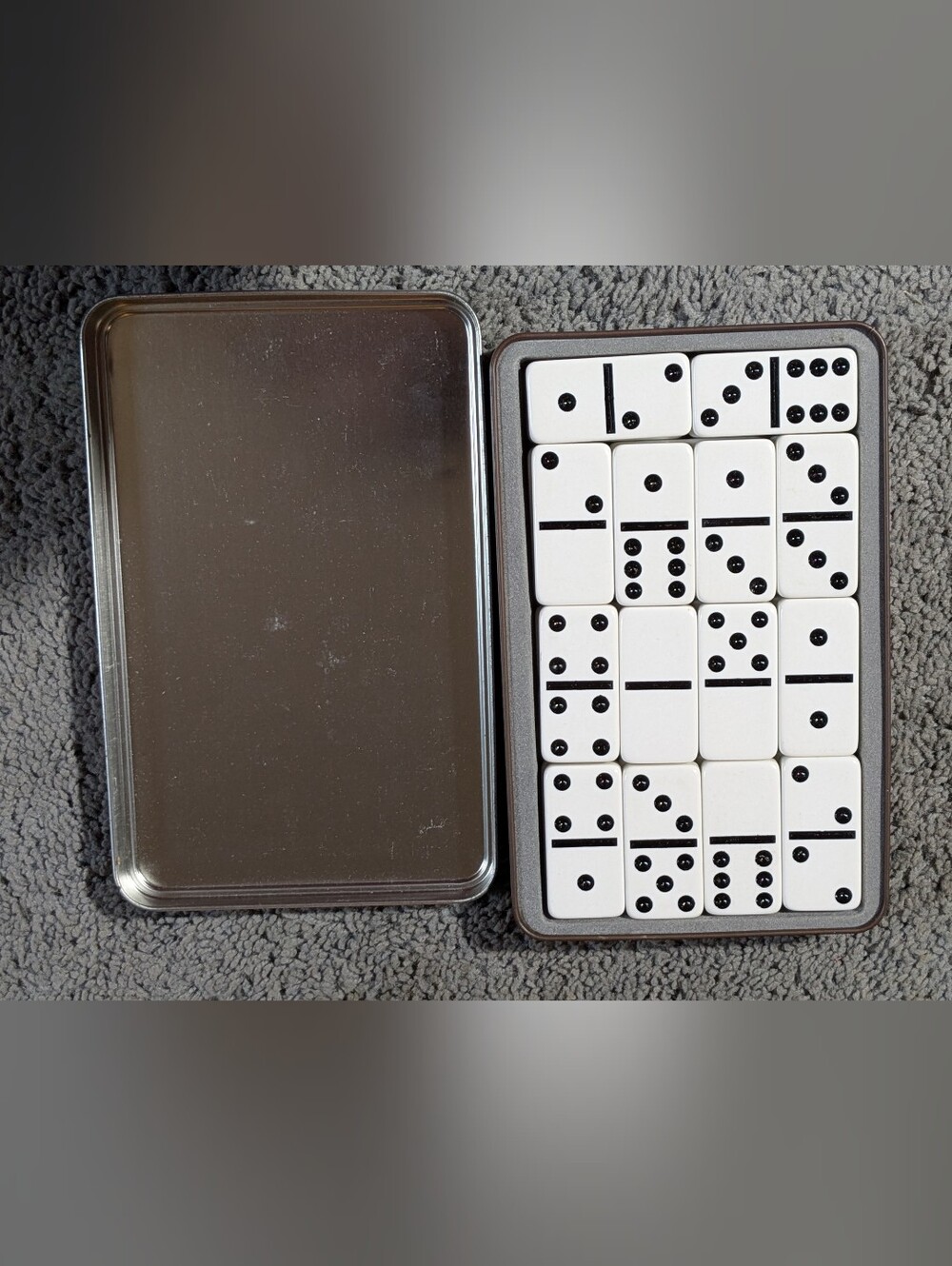 2003 Vintage Fossil Brand White Domino Set with Metal Storage Tin